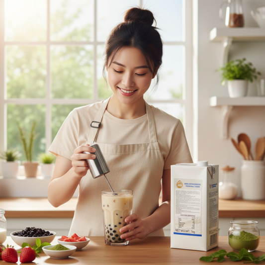 A professional barista using a ready-to-use, non-hydrogenated plant-based base to quickly prepare a specialty latte or milk tea.