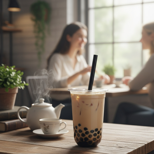 Black tea-based bubble milk tea with tapioca pearls