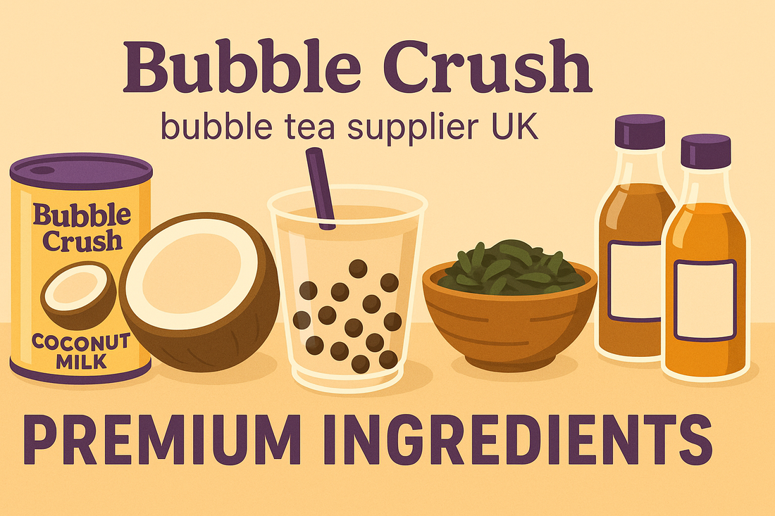 Bubble Crush UK bubble tea supplier banner showing premium ingredients for milk tea and boba shops