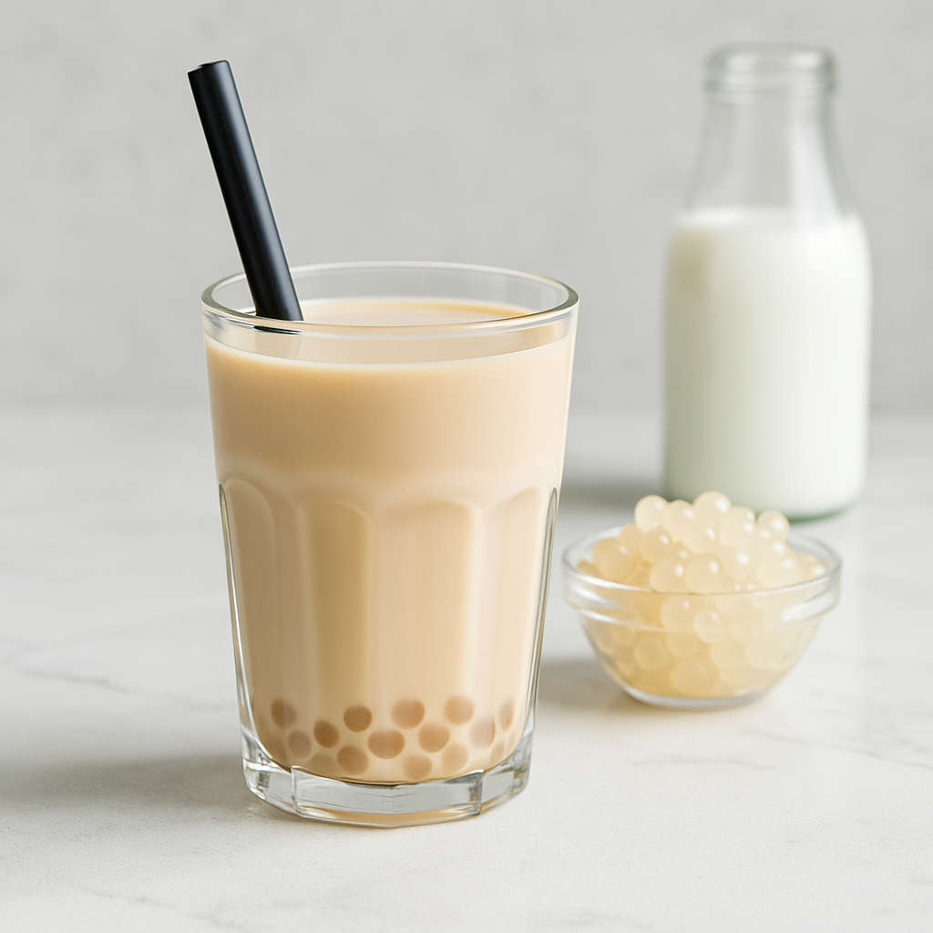 Glass of creamy milk tea with translucent crystal boba pearls on a marble countertop, served with a black straw, alongside a bowl of crystal boba and a milk bottle in the background.