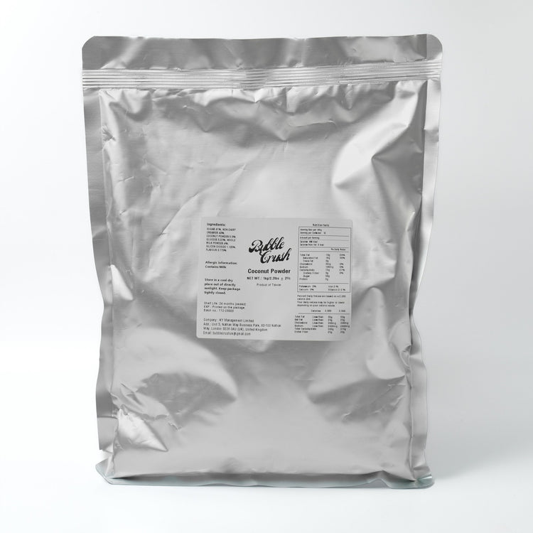 Finished Coconut Boba Tea with a creamy texture, featuring tapioca pearls and made with vegan powder.