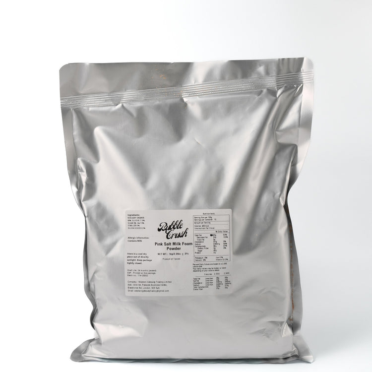 Finished iced black tea topped with a layer of luxurious Vegan Pink Salt Cheese Foam and a sprinkle of salt.