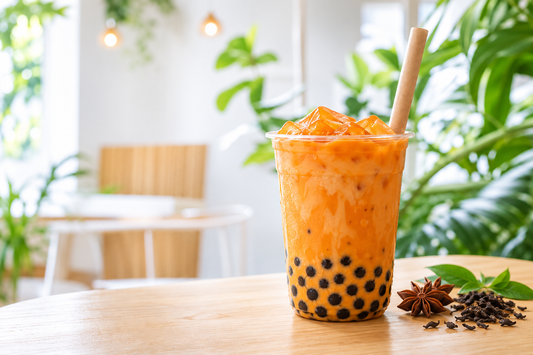 Thai brown sugar cream bubble tea in a clear takeaway cup for a UK shop menu