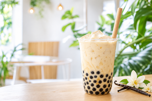 Creamy vanilla bubble milk tea with tapioca pearls in a clear takeaway cup in a bright UK café