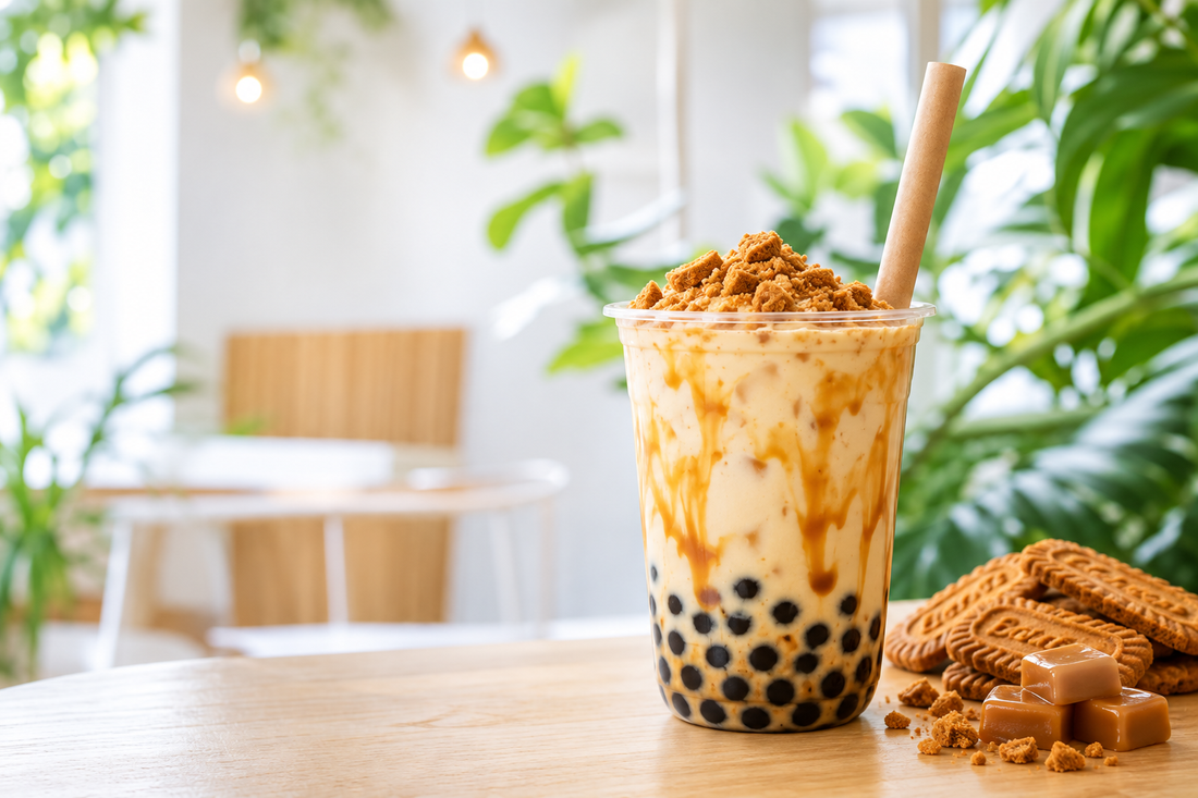 Strawberry vanilla cream bubble tea in a clear disposable cup for a UK takeaway menu