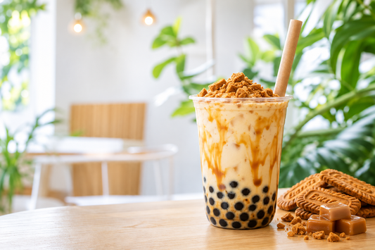 Strawberry vanilla cream bubble tea in a clear disposable cup for a UK takeaway menu