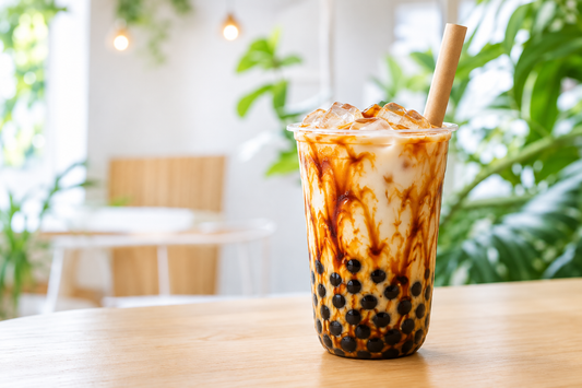 Classic brown sugar tiger milk tea with tapioca pearls in a clear takeaway cup