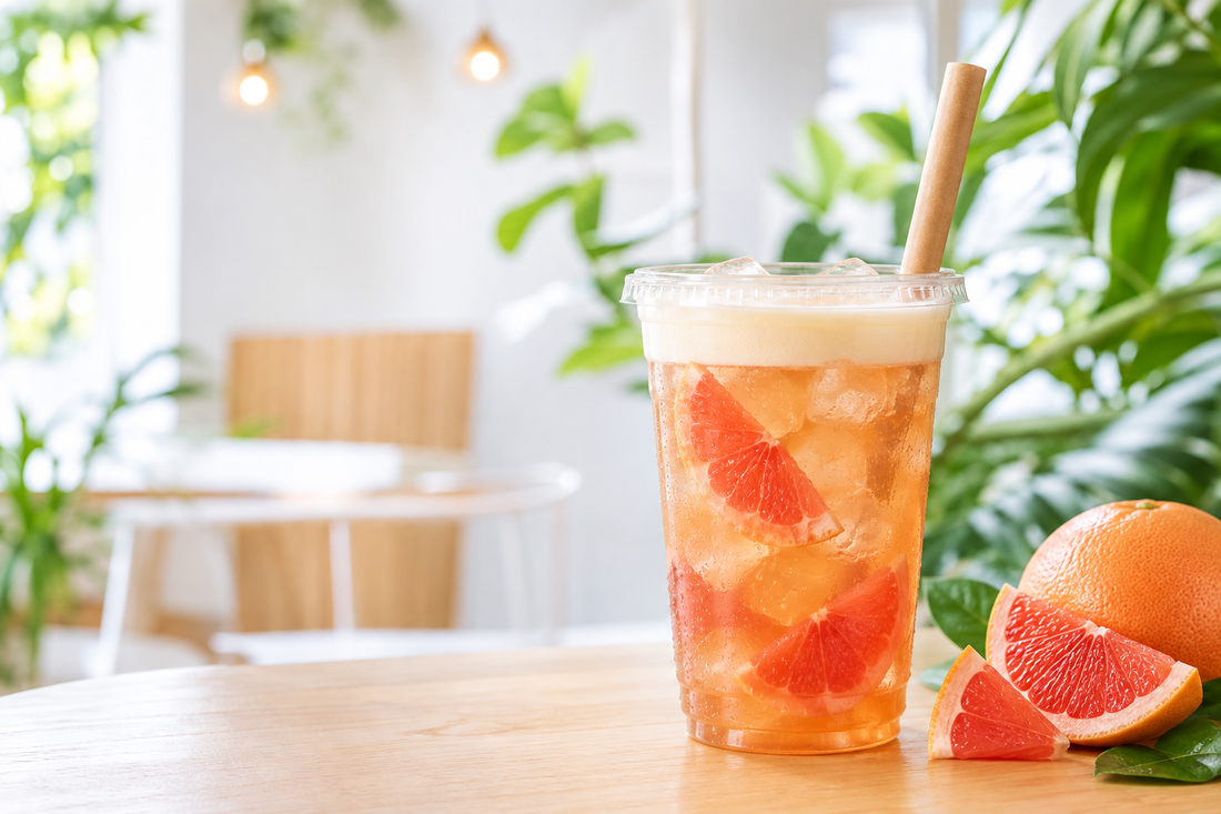 Red grapefruit jasmine iced tea in a clear plastic takeaway cup in a bright UK café