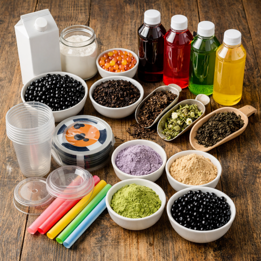 Bubble tea ingredients in the UK including cups, syrups, tea leaves, milk and powders