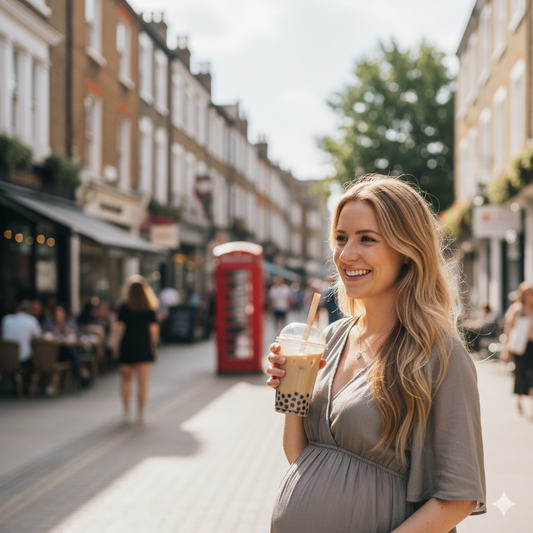 Pregnant Woman Safely Enjoying Homemade Bubble Tea with Bubble Crush Ingredients