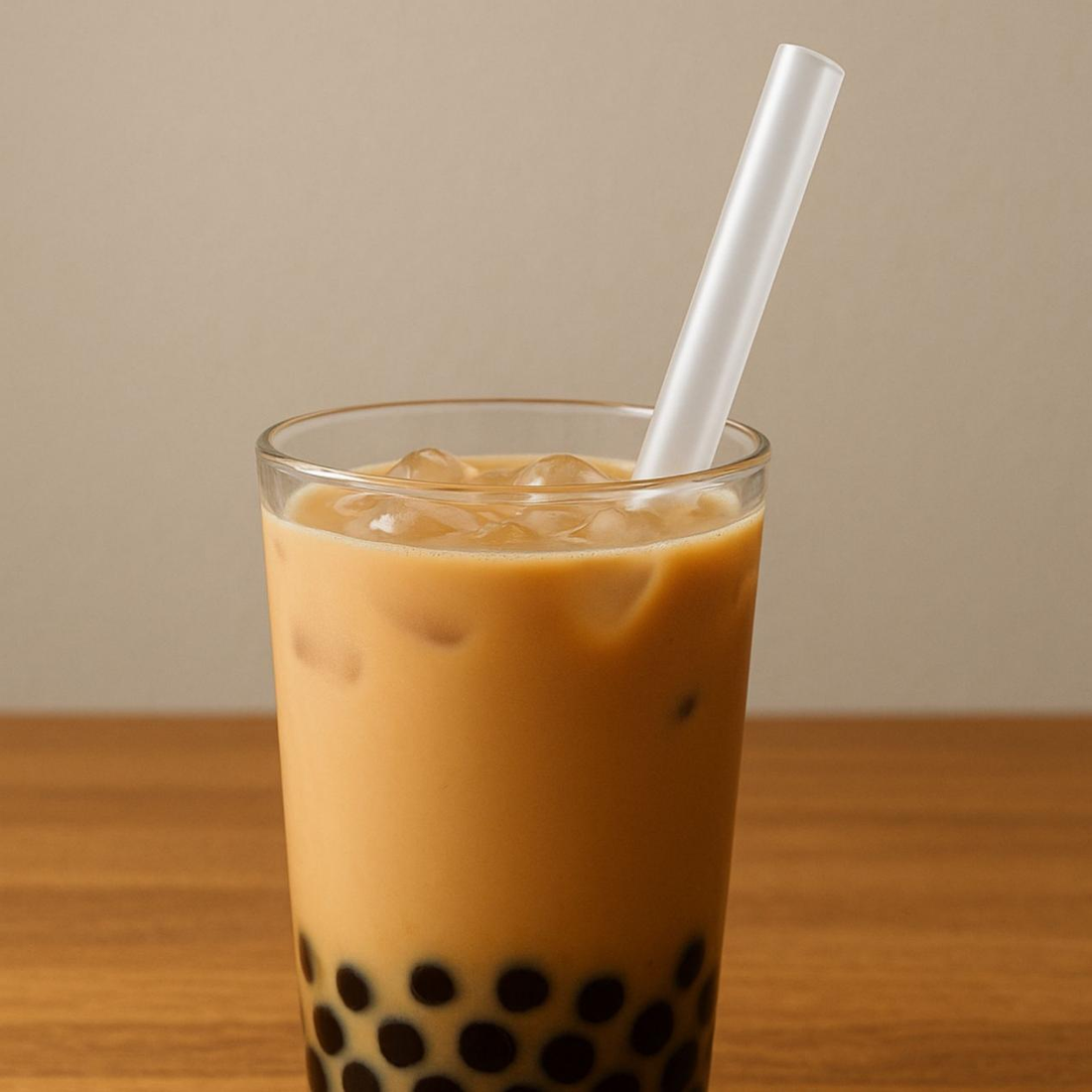 Bubble tea ingredients including tapioca pearls, loose-leaf tea, and powder displayed on wooden table in UK kitchen