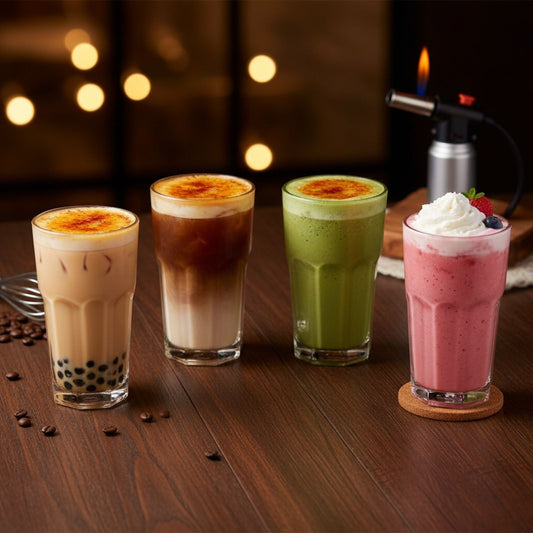 Four distinct Crème Brûlée drinks on a wooden table, showcasing different flavours like milk tea, coffee, matcha, and a berry smoothie, each with a caramelised sugar top, set against a warm, blurred background with bokeh lights.