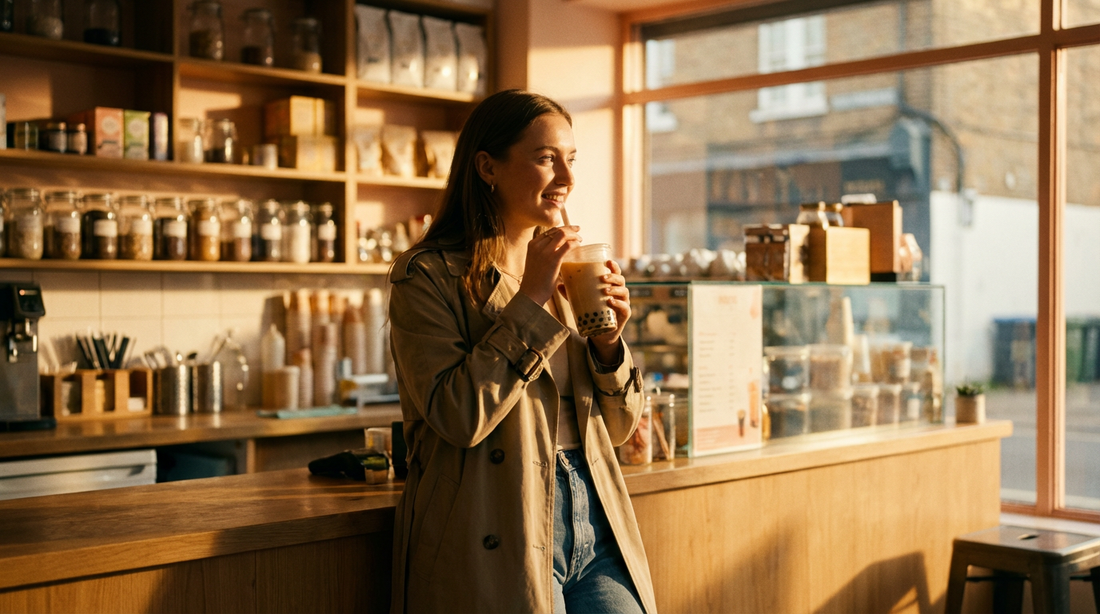 Bulk bubble tea supplies including milk tea powder, tapioca pearls, and syrups