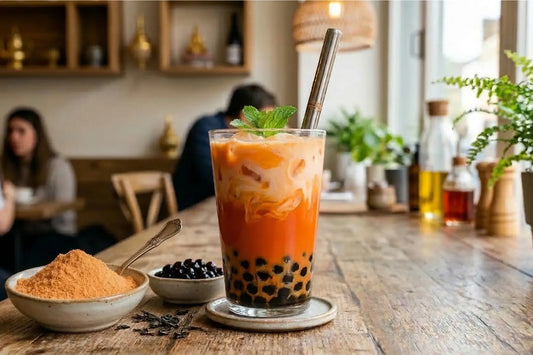 Glass of Thai milk tea with boba on a wooden table in a café setting