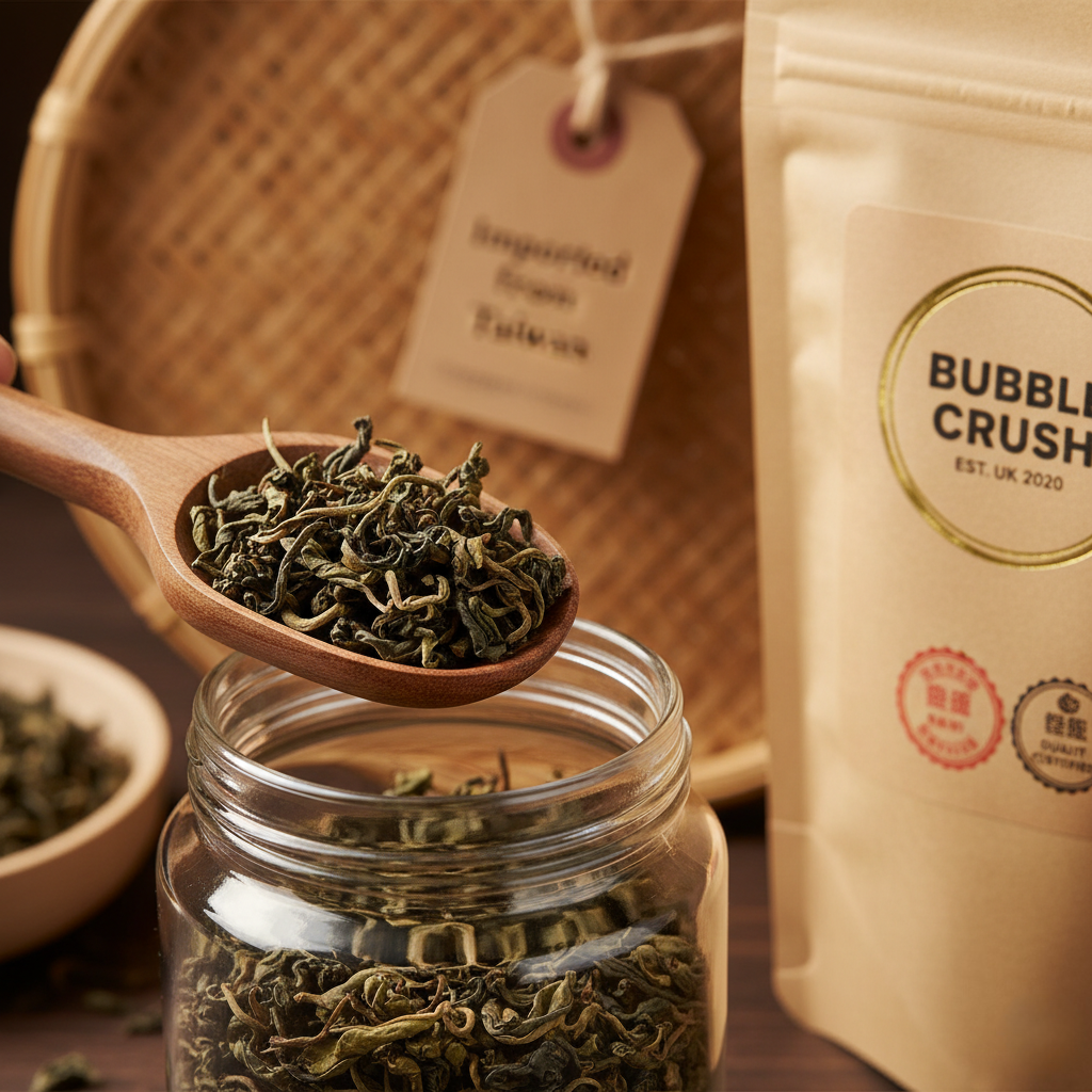 High-quality image of authentic Taiwanese Dong Ding Oolong loose leaf tea, imported by Bubble Crush wholesale supplier UK