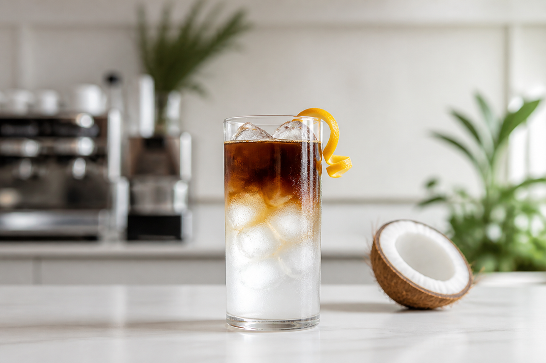 Layered coconut water espresso cooler with ice and orange peel.
