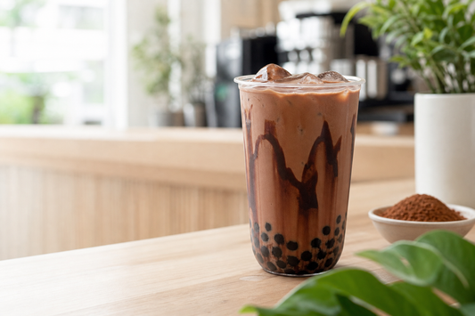 Rich iced chocolate bubble tea with tapioca pearls on a bright UK café counter
