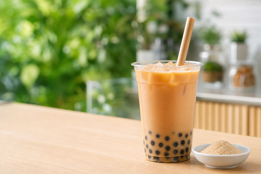 Small UK bubble tea shop preparing instant 3-in-1 milk tea powder during service