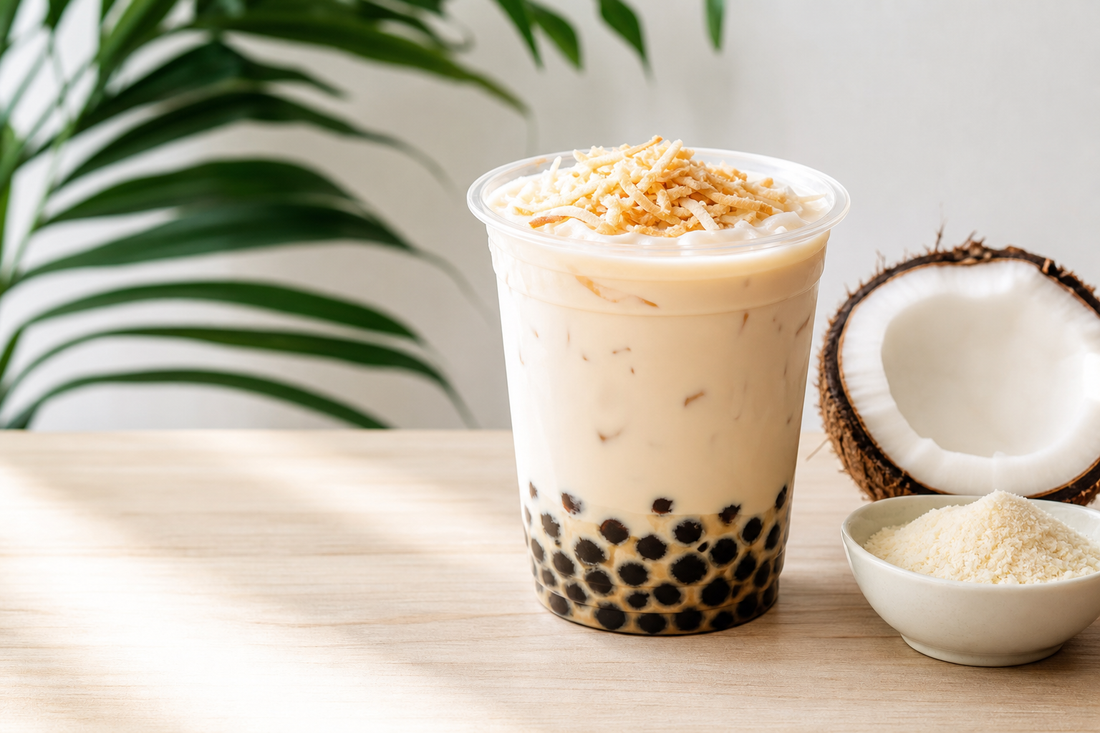 Signature coconut bubble milk tea with tapioca pearls in a bright tropical café scene