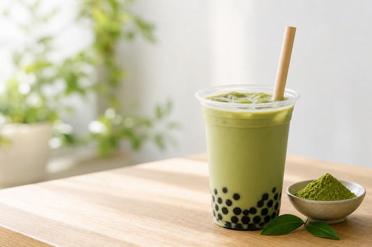 Natural green matcha bubble milk tea with tapioca pearls in a bright UK café