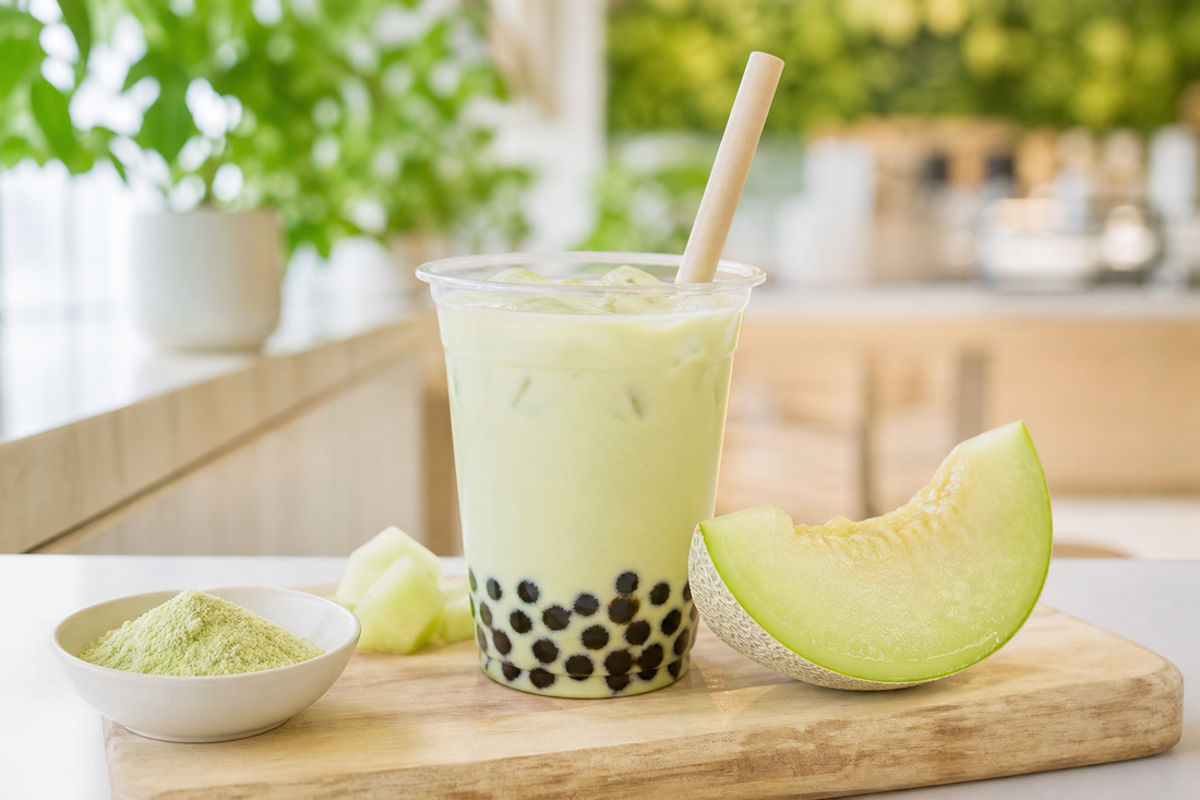 Pastel green honeydew bubble tea with melon and tapioca pearls in a bright UK café
