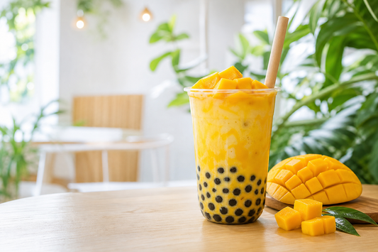 Golden mango bubble milk tea with tapioca pearls in a bright independent UK café