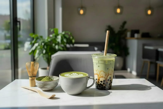 Matcha green tea set with a cup, bowl, and glass on a table.
