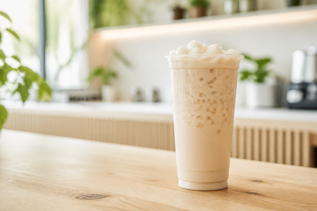 Creamy milk tea topped with small chewy mochi cubes in a bright modern café.