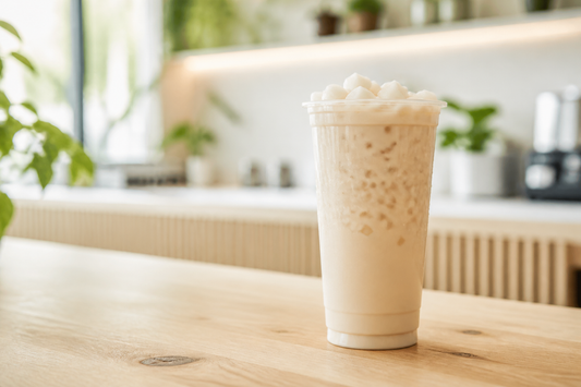 Creamy milk tea topped with small chewy mochi cubes in a bright modern café.