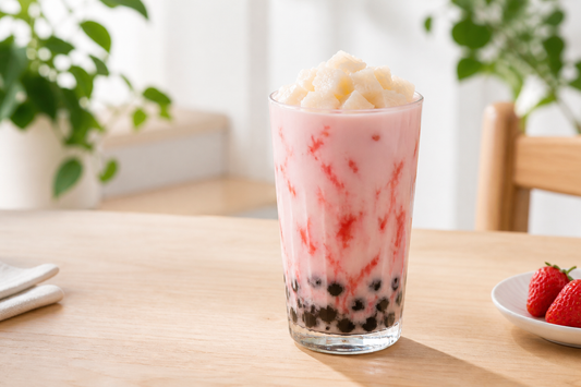 Strawberry bubble tea with tapioca pearls and soft white mochi topping in a bright home setting.