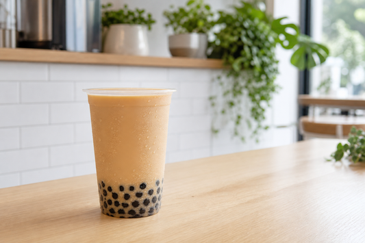 Classic creamy non-dairy milk tea with black tapioca pearls on a pale wood café counter.