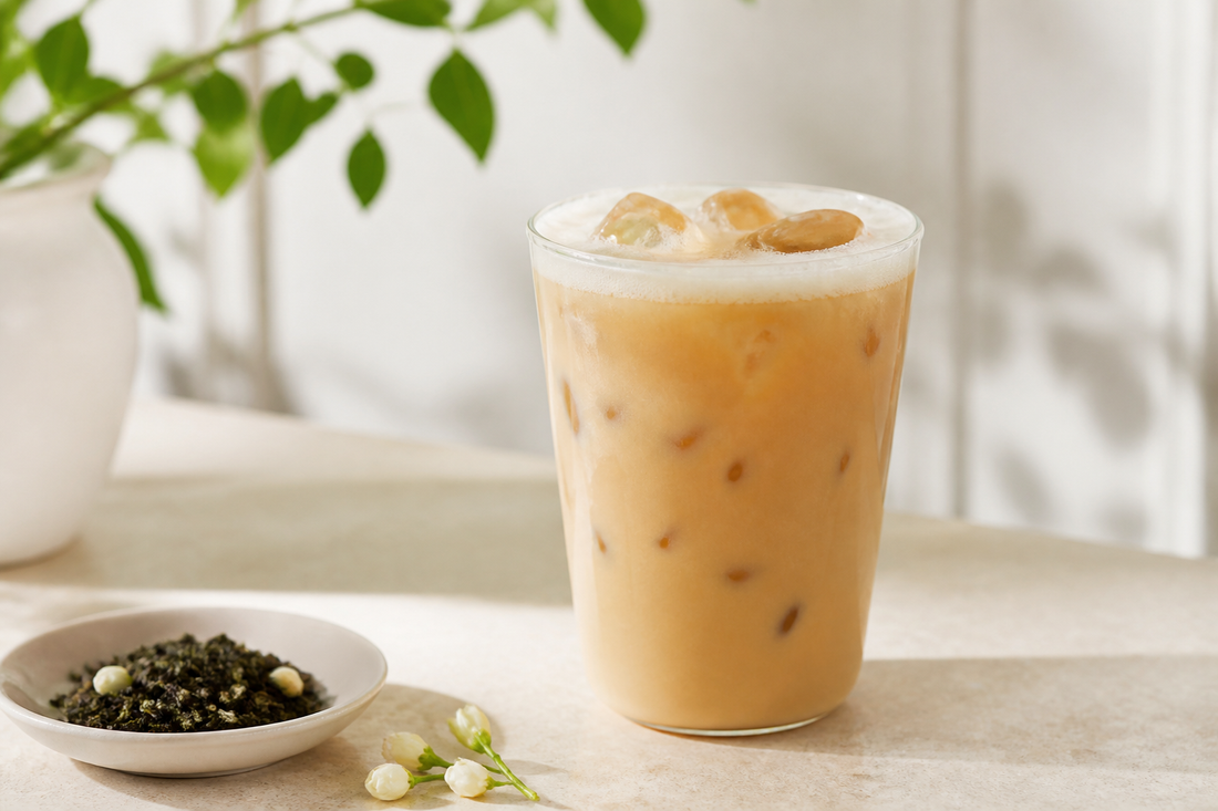 Iced jasmine milk tea with a smooth creamy body in a bright home café scene.