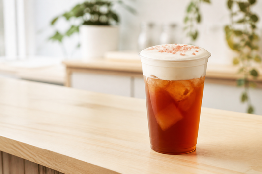Amber iced black tea topped with thick pink salt milk foam on a bright café counter.