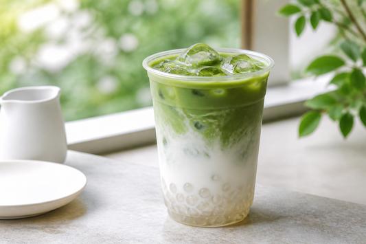 Green matcha coconut drink with translucent crystal boba in a bright modern café