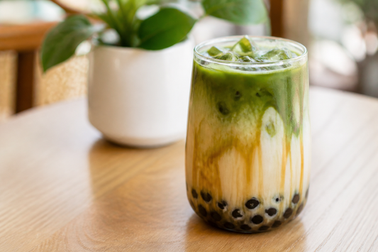 Brown sugar pure matcha latte with black tapioca pearls.