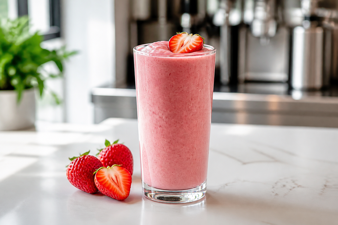 Classic pink strawberry bubble milk tea with black tapioca pearls and fresh strawberries.