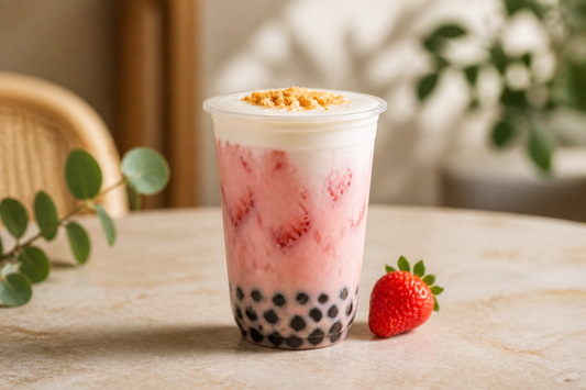 Strawberry cheesecake bubble tea with cream cap and biscuit crumb.