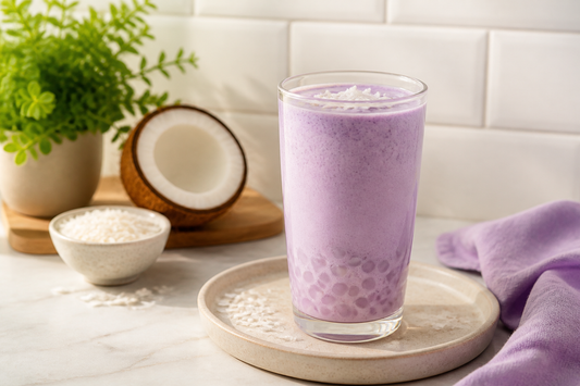Classic lilac taro milk tea with black tapioca pearls on a pale wood café table.