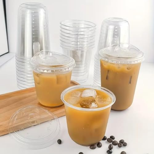 Plastic Cups with Flat Lids Set of 100 | Takeaway Cups