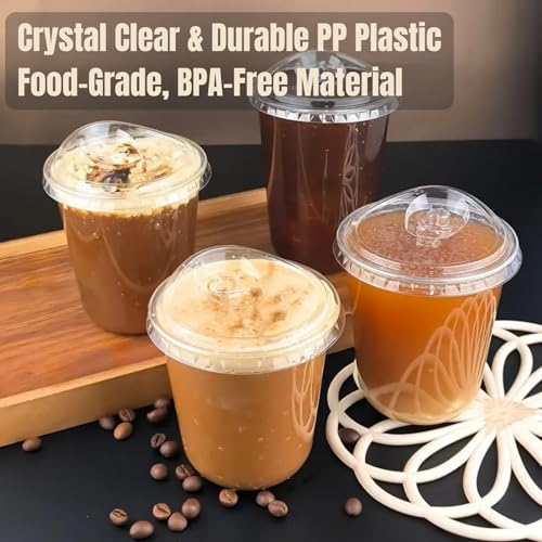 Plastic Cups with Flat Lids Set of 100 | Takeaway Cups