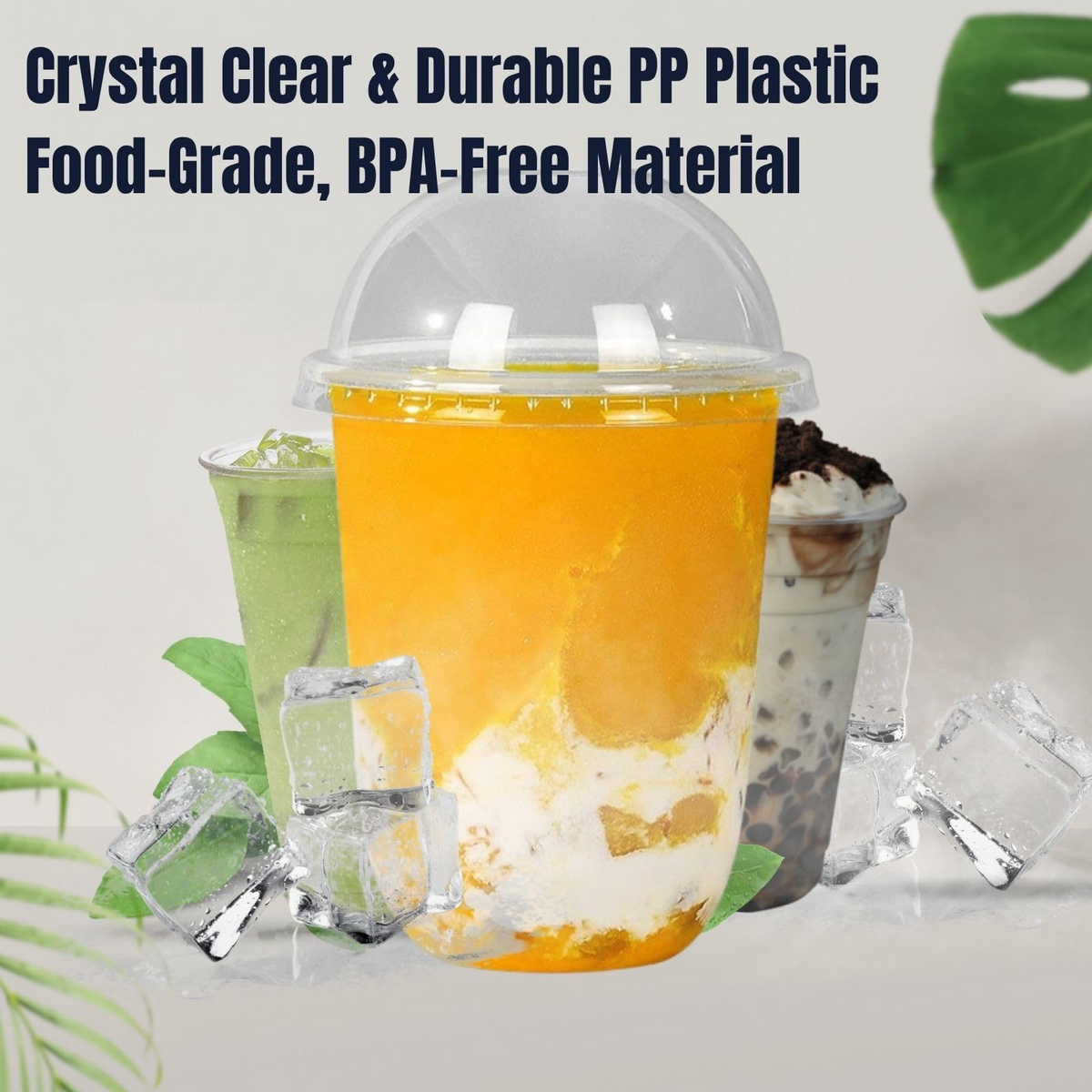Plastic Smoothie Cups with Dome Lids Set of 100 | Strong Clear Disposable Cups