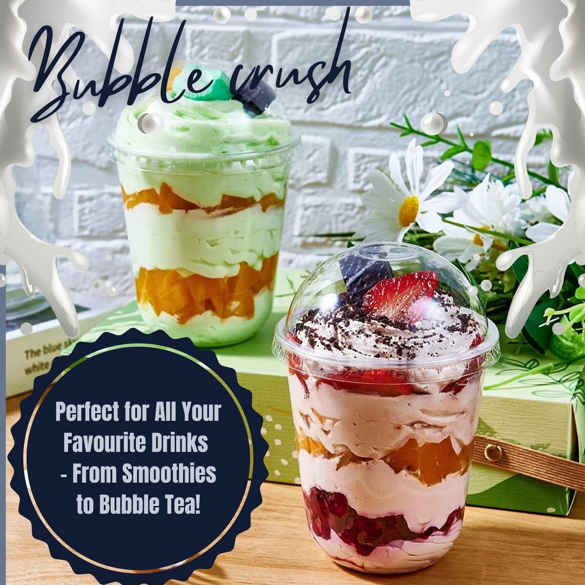 Plastic Smoothie Cups with Dome Lids Set of 100 | Strong Clear Disposable Cups