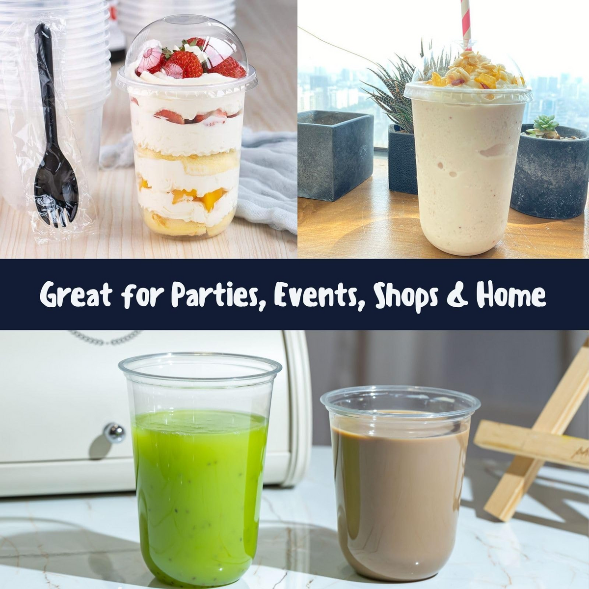 Plastic Smoothie Cups with Dome Lids Set of 100 | Strong Clear Disposable Cups