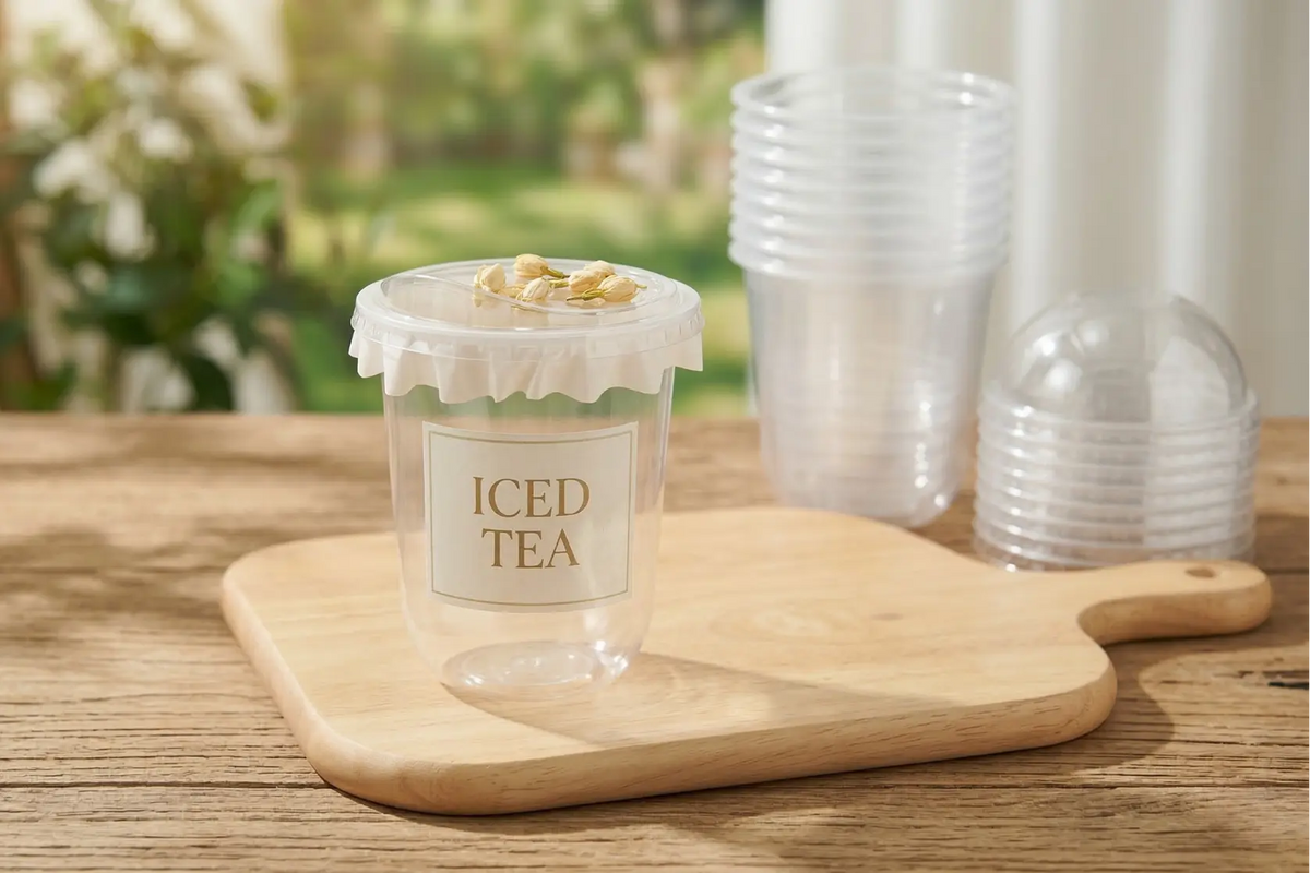 Clear plastic cup labeled 'ICED TEA' on a wooden cutting board with stacks of similar cups in the background.
