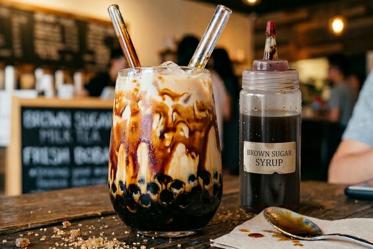 A visually rich photo on BubbleCrushSupplier.com shows a plastic squeeze bottle labeled "BROWN SUGAR SYRUP" next to a glass of brown sugar milk tea. Both are on a rustic wooden table with scattered raw sugar.
