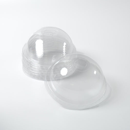 Bubble Crush brand 95mm clear PP plastic dome lid with straw hole, shown in a bulk pack of 1000, suitable for high-temperature drinks and bubble tea toppings.