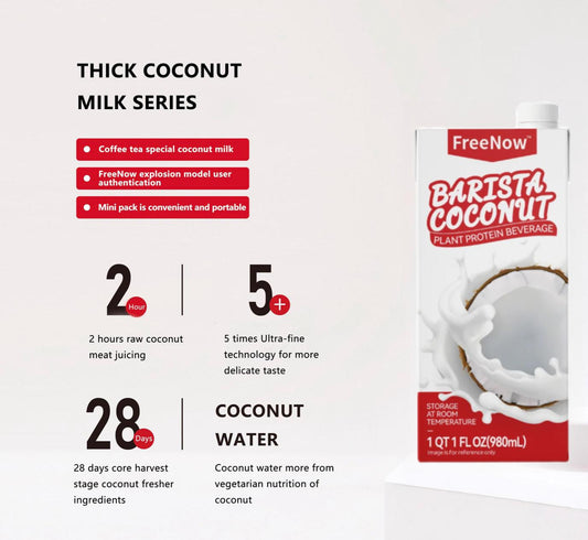 Freenow Barista Coconut Milk 1000ml carton, shown in a bulk case of 12. Plant-based milk alternative for professional coffee and bubble tea use.