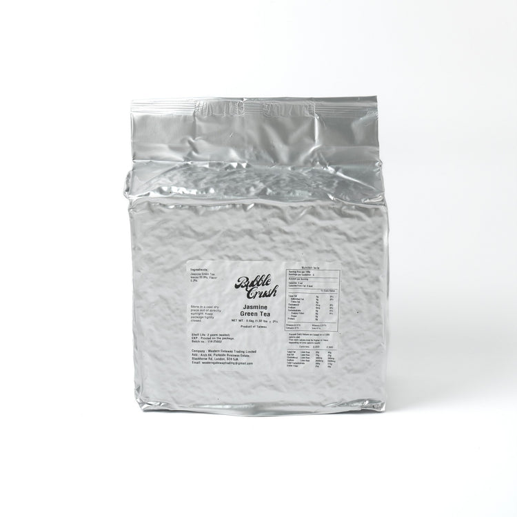 Clear, pale green Jasmine Green Tea infusion, highlighting the fresh quality and floral aroma of the loose leaf