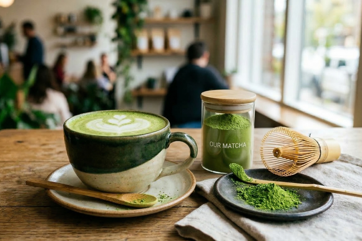 Premium high-quality green matcha powder in a stand-up pouch from Bubble Crush Supplier, displayed alongside a creamy matcha latte with heart-shaped art, a traditional bamboo whisk, and vibrant loose powder on a wooden cafe table.
