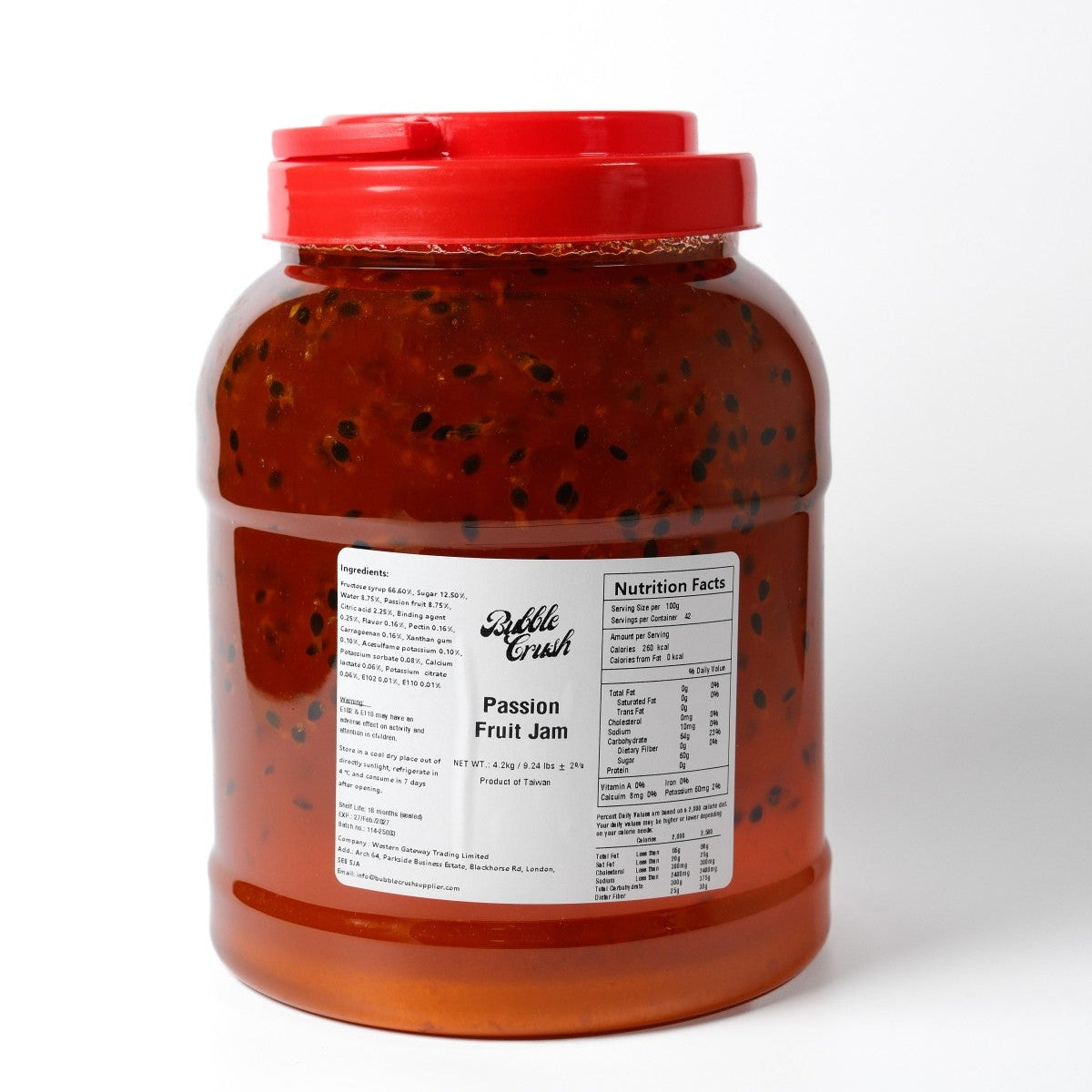 Bubble Crush Passion Fruit Jam 4.2kg bulk jar label showing ingredients, nutrition facts, and visible seeds and pulp. 